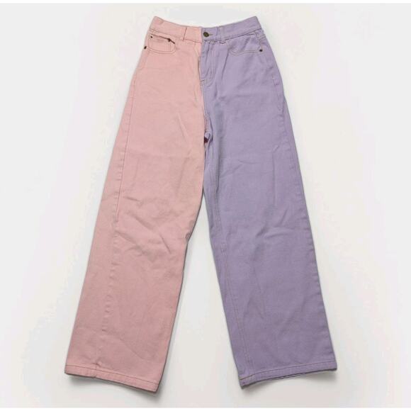 Shekou Denim - Shekou Two Tone Split Pink Purple High Rise Denim Jeans KPop Wide Leg Size S 24